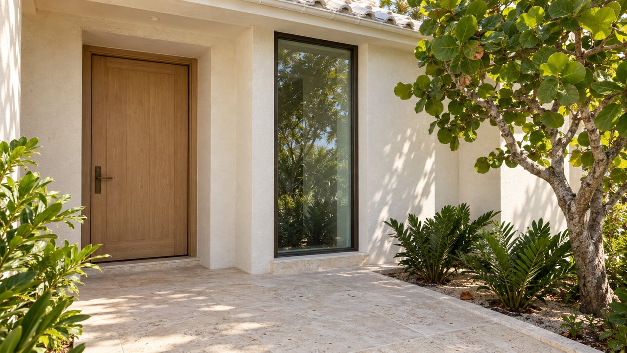 Sunlit white-stucco residential entrance with a pale oak door, bronze-framed window, shell-limestone paving and sea-grape planting.