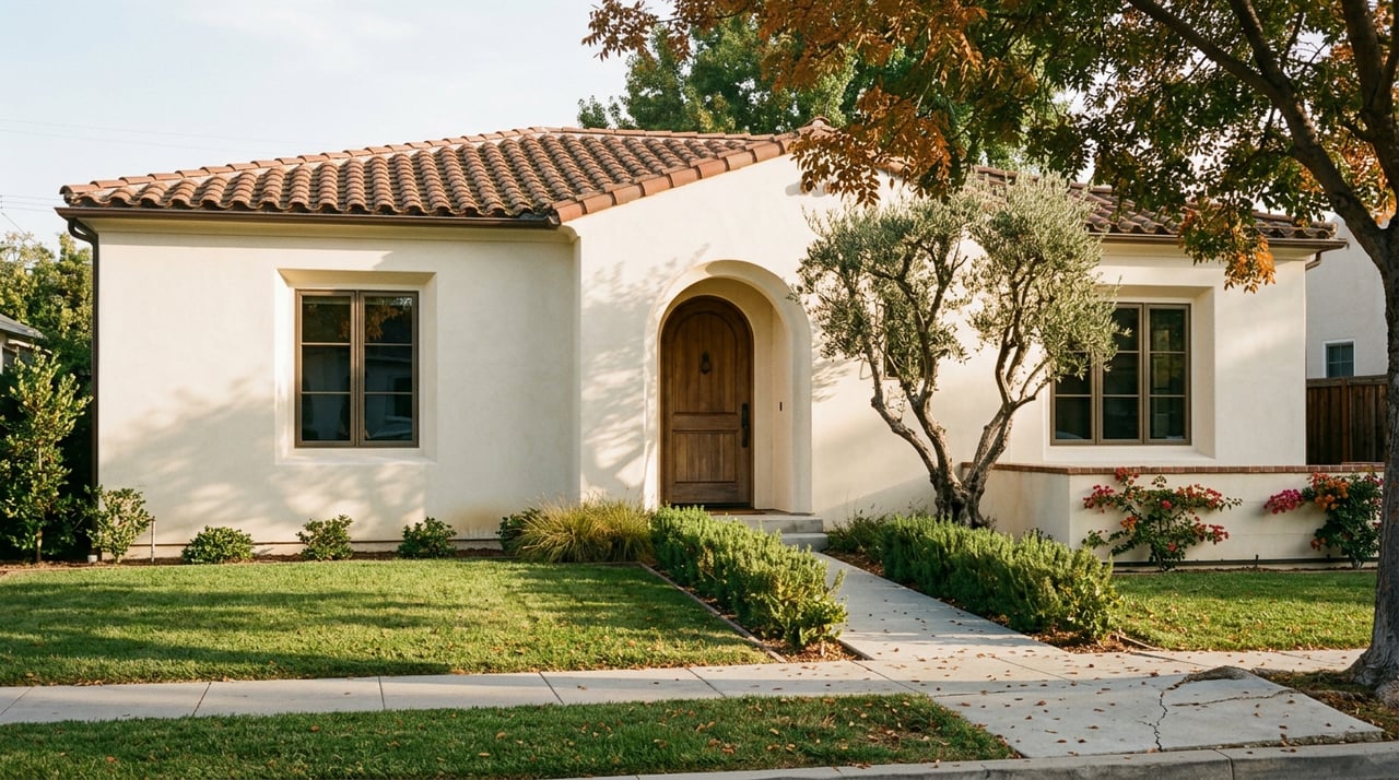 Cream stucco home with terracotta roof, arched entry, tree-shaded lawn, and flowering garden wall.