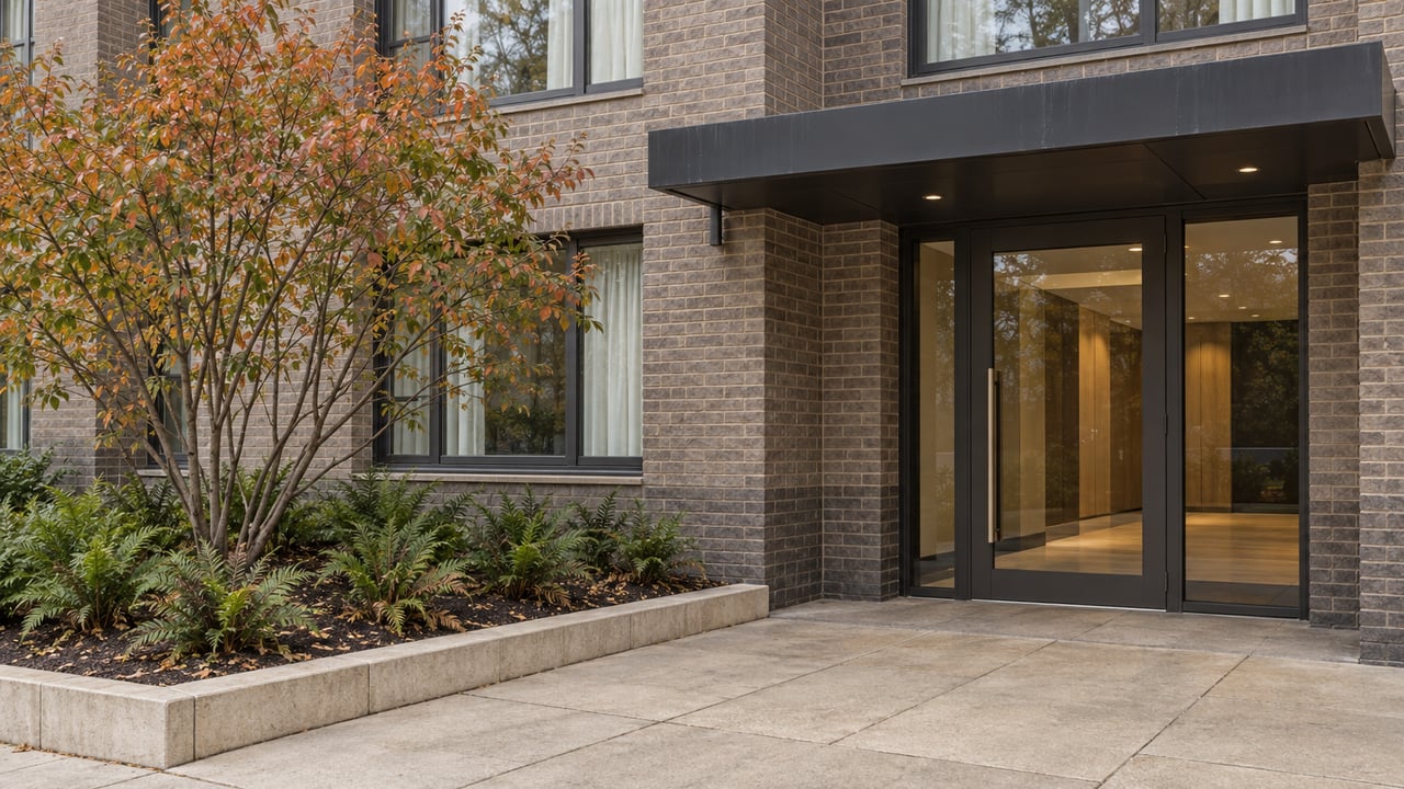 Brick residential entrance beneath a charcoal canopy, beside a small autumn serviceberry tree and raised fern bed.