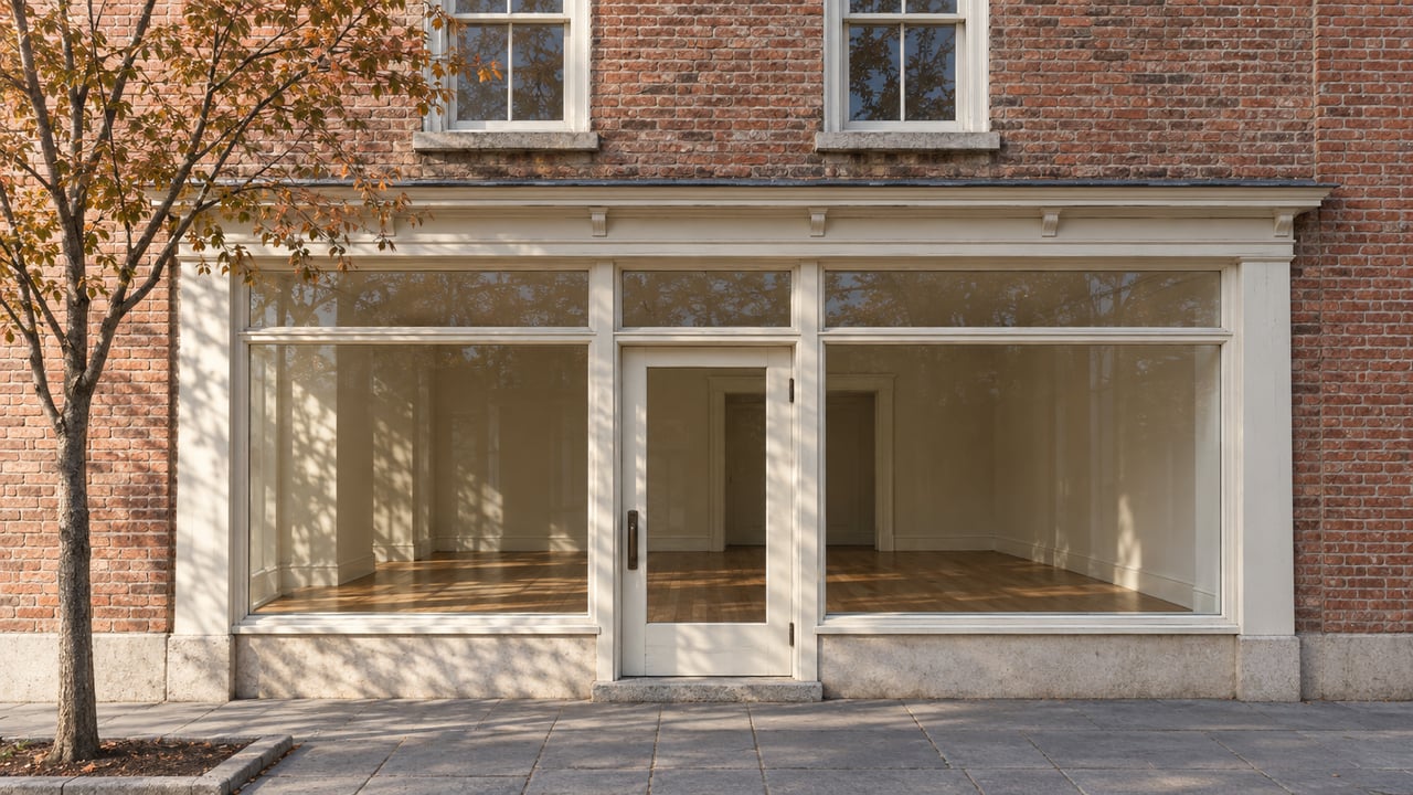 Two-story brick shopfront with white-trimmed upper windows, broad glass panes, and a sparse-leaved tree at the sidewalk.