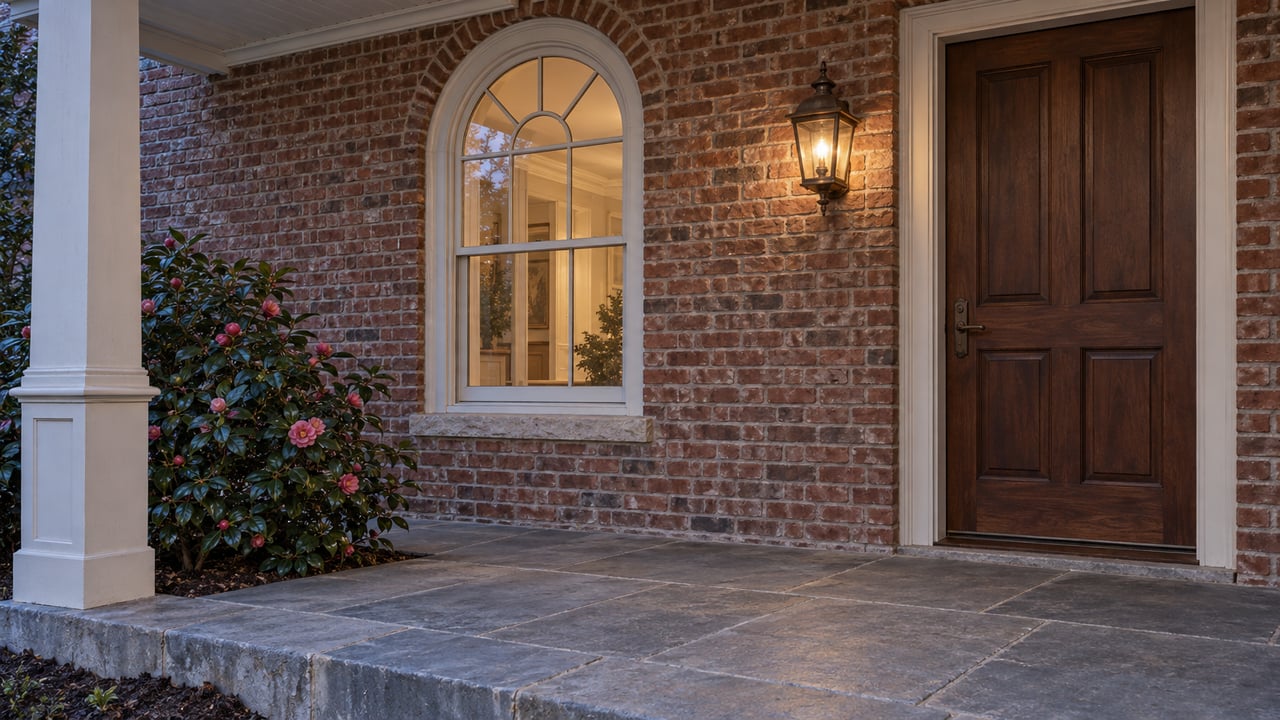 An evening porch with warm brick, an arched window, a walnut entry door and a camellia beside raised limestone paving.