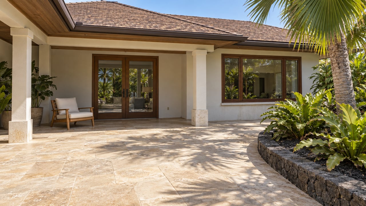 Sunlit stone courtyard outside an off-white home with a shaded lanai, teak chair and fan palm.