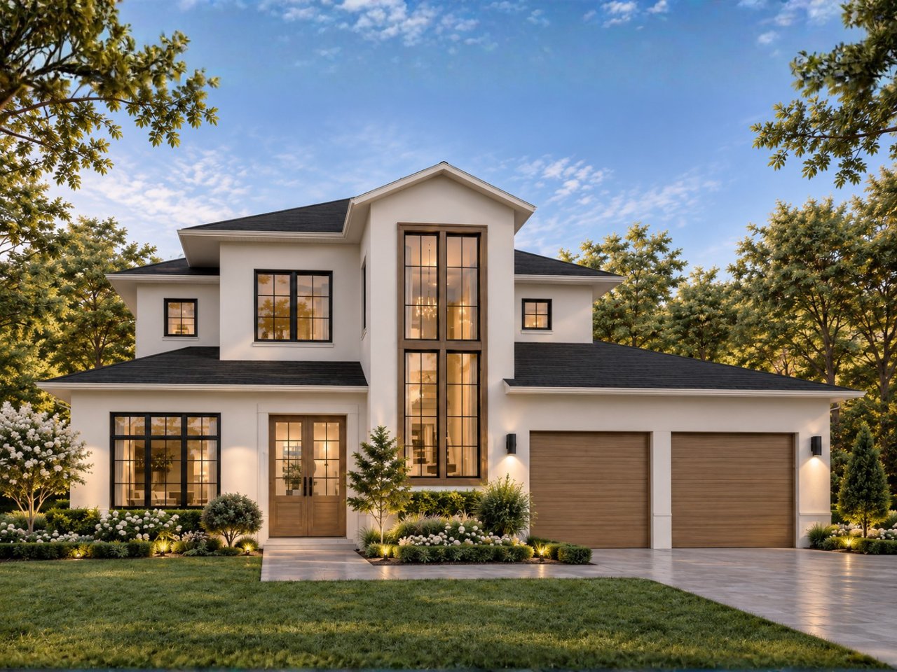 Modern two-story white home with tall windows, a wood front door, and a two-car garage.