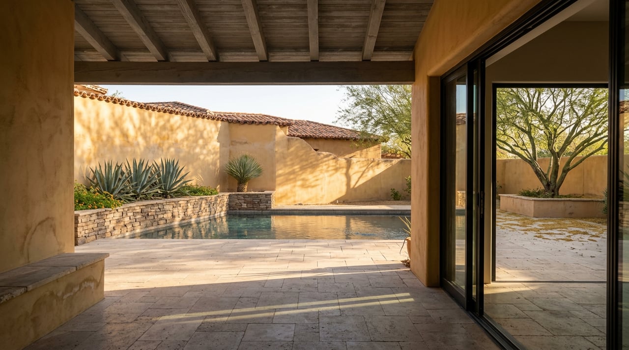 Travertine loggia opens onto a sunlit courtyard pool, with a palo brea tree and agaves beside ochre walls.