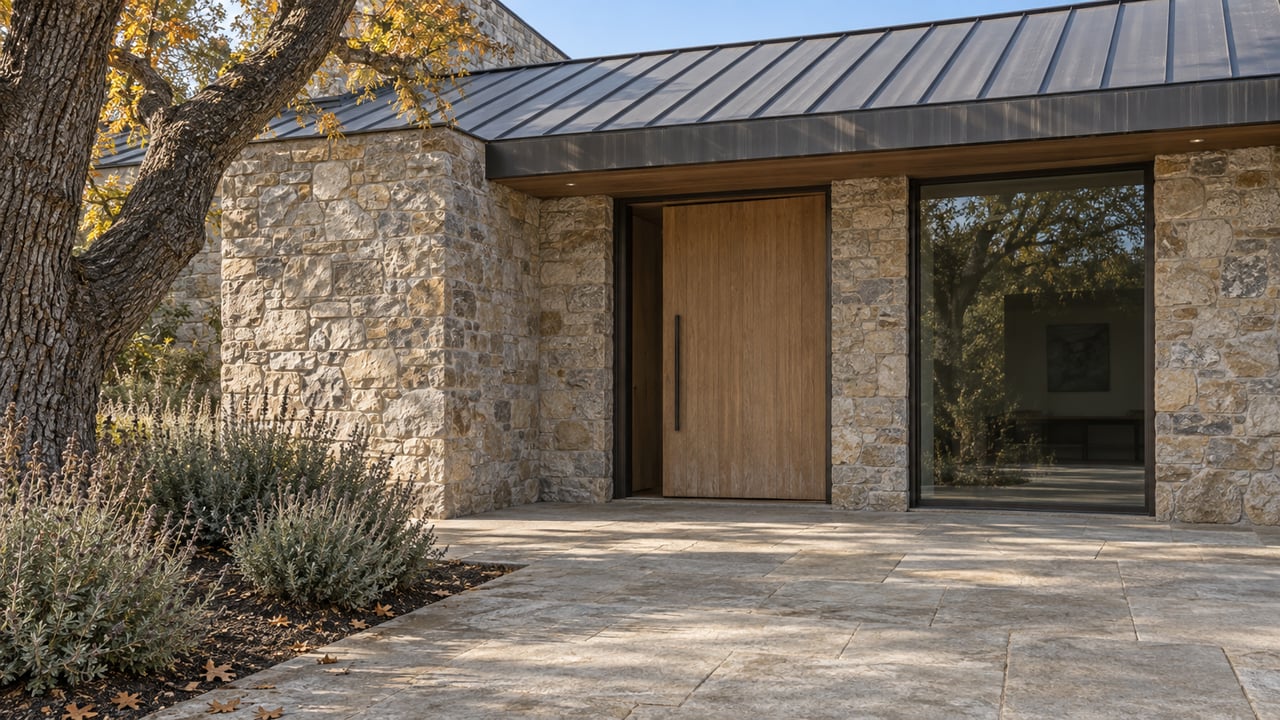 Sunlit stone home entrance with an oak door, tall bronze-framed window and limestone garden approach beneath a mature oak.