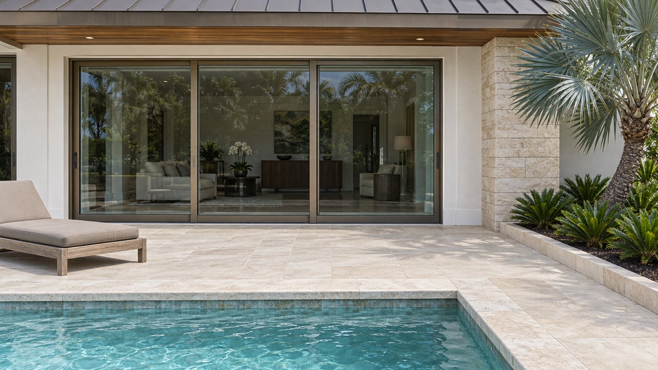 A sunlit pool terrace beside a contemporary home, with limestone coping, bronze sliding glass doors, a teak chaise and a silver fan palm.