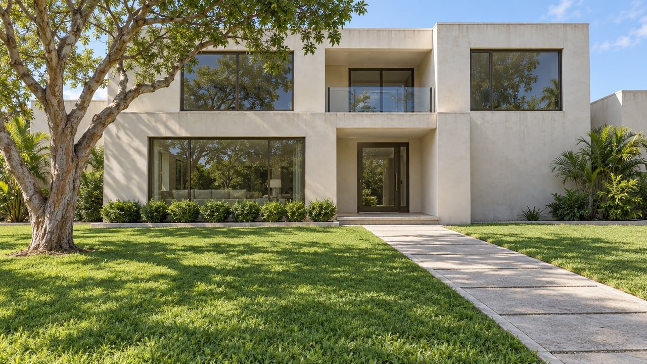 Sunlit ivory two-story home with bronze-framed glazing, a deep front lawn, and a sculptural gumbo-limbo tree beside a pale concrete approach.