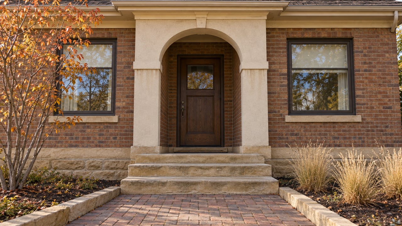 Russet-brick bungalow entry with a cream stucco arch, oak door, paired windows and worn sandstone steps beside copper autumn leaves.