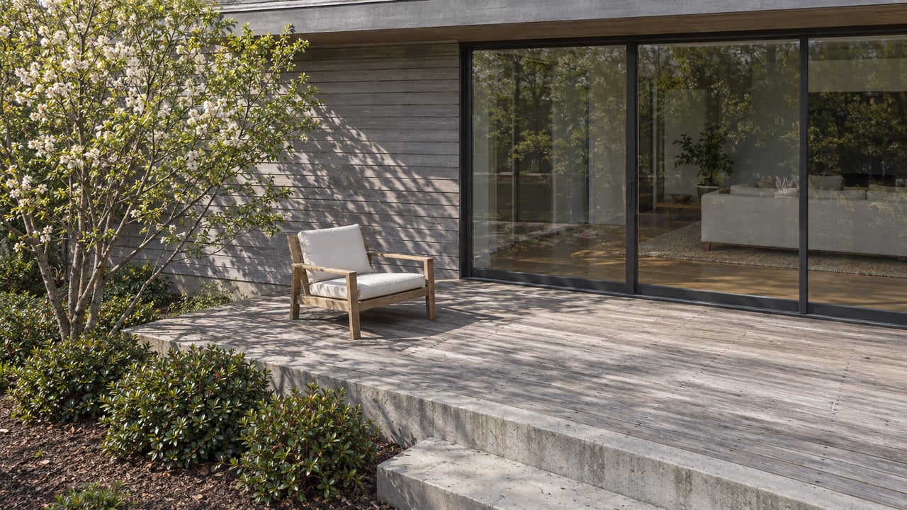 Weathered cedar terrace and concrete step beside a glazed contemporary home, with a teak chair and carefully placed serviceberry and bayberry planting.