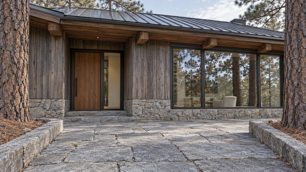 Cedar-clad home with a pitched metal roof, granite entry terrace and large bronze-framed windows between two mature pines.