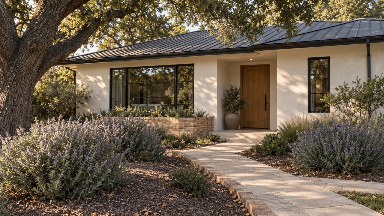 Ivory stucco house with a recessed oak door, diagonal limestone path, and mature oak canopy.