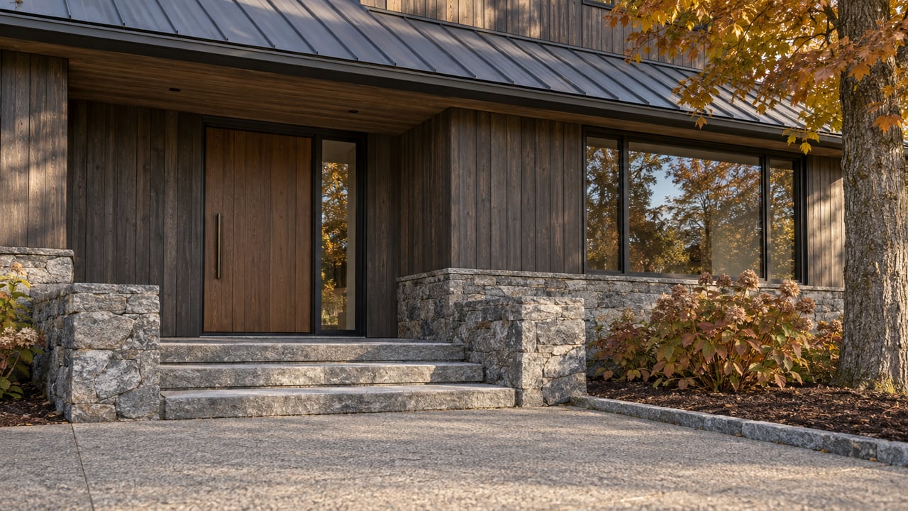 Timber-clad home entrance with gray stone steps, bronze-framed glazing and amber autumn foliage in warm afternoon light.