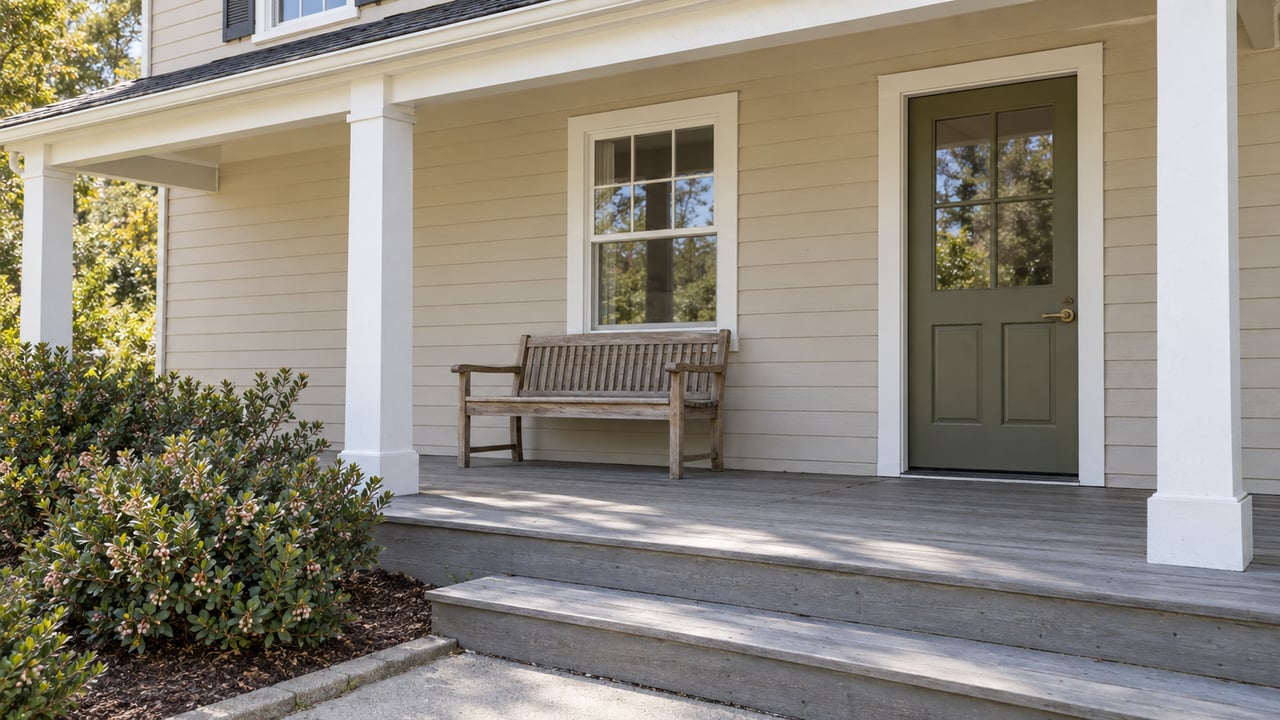Covered front porch with beige siding, an olive door, a weathered teak bench and a neatly edged planting bed.