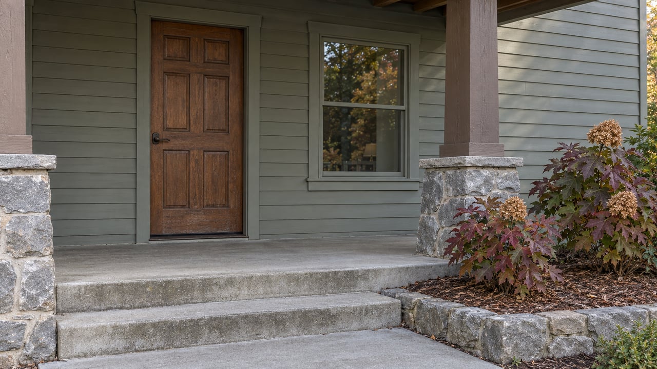 Covered home entry with gray-green siding, a brown wood door, fieldstone porch support, concrete steps, and burgundy oakleaf hydrangeas.