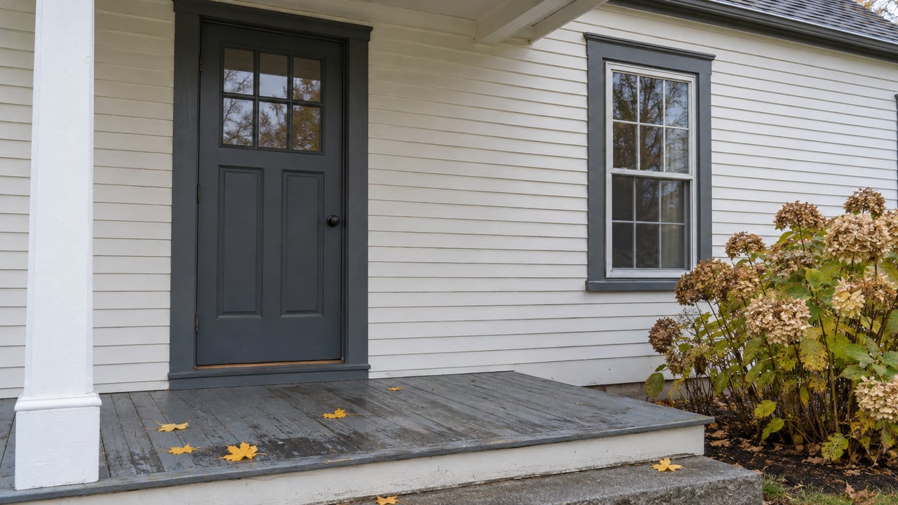 Cream clapboard home with a closed slate-gray entry door, divided-light window, and scattered yellow leaves on the porch.