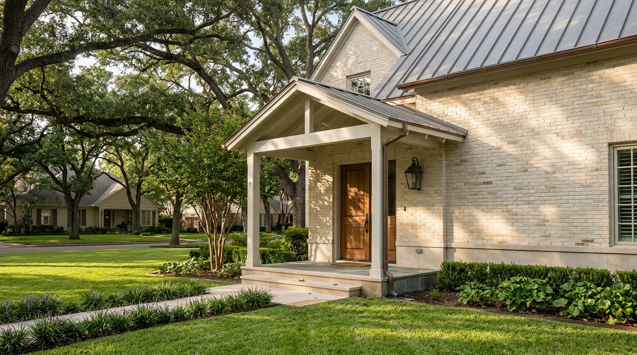 Ivory brick side porch with a paneled wood door, limestone steps, and a crape myrtle beneath live oak branches.