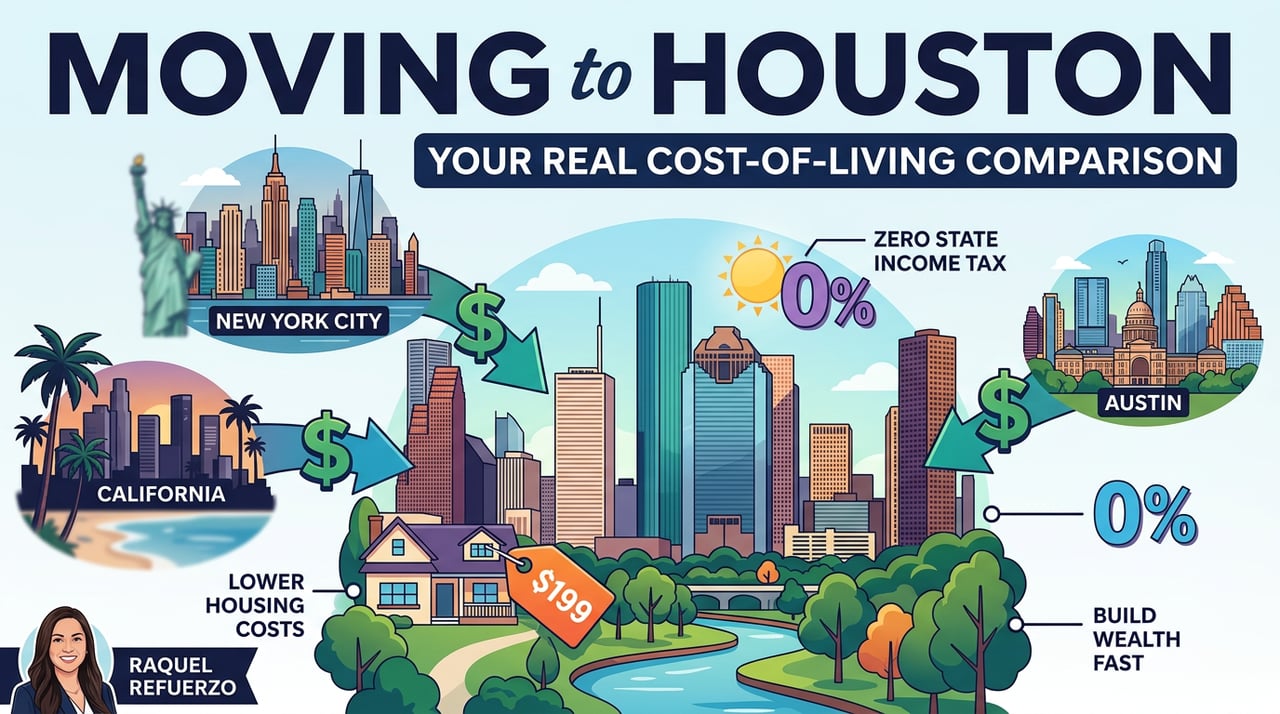 Moving to Houston cost of living comparison, California New York City Austin arrows, zero state income tax 0%, lower housing costs, Raquel Refuerzo
