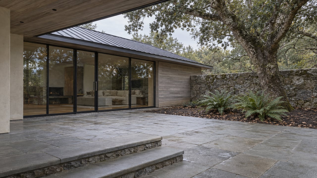 A sheltered stone courtyard beside a low contemporary home, with weathered cedar, enclosed glass living spaces and a mature oak.
