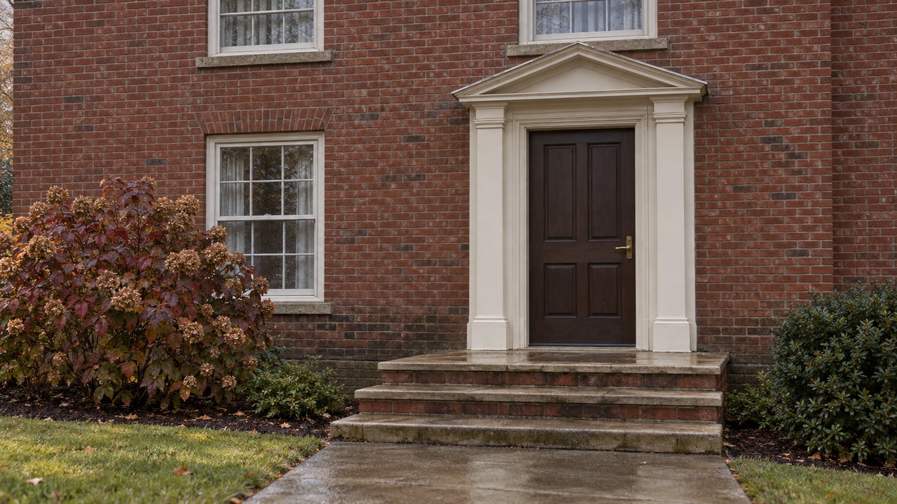 Rain-darkened limestone steps lead to a wood door framed by painted pilasters on a red brick home, beside burgundy oakleaf hydrangea leaves.