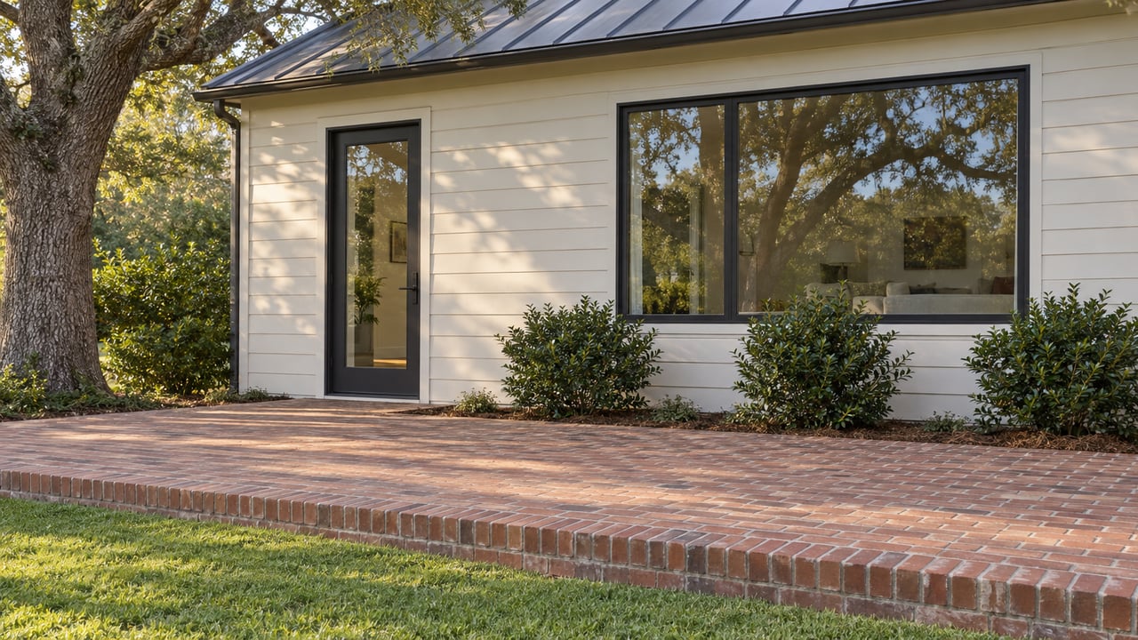 Cream-sided house with charcoal-framed windows, red brick terrace, lawn, and mature oak.