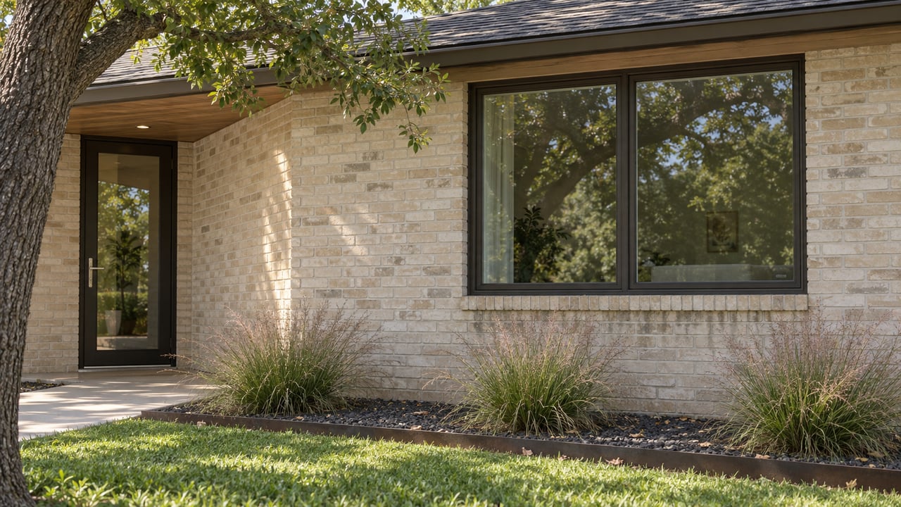 Pale brick house with a dark-framed casement window, glazed front door, and oak branches overhead.