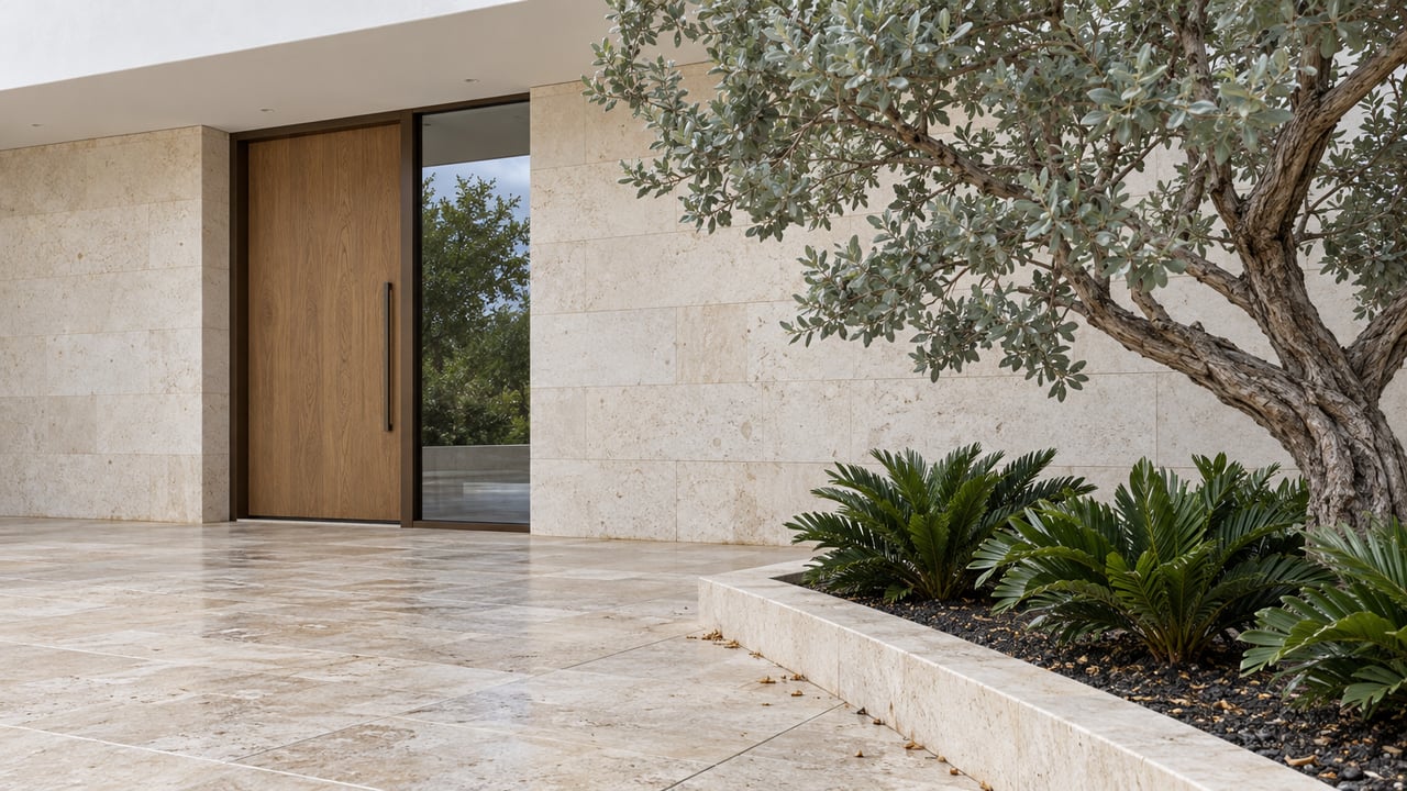 Coastal home entry with a recessed oak door, bronze-framed glass sidelight, and silver buttonwood planting.