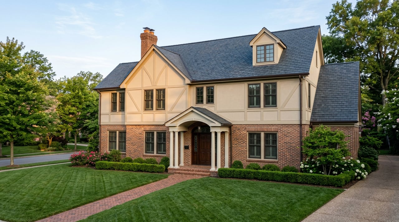 Two-story brick and stucco house with a slate-gray roof, arched entry portico, and brick walkway across the lawn.