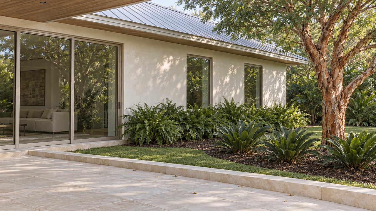 Pale limestone terrace overlooking a planted garden beside a cream stucco home with closed glass sliders and a silver metal roof.