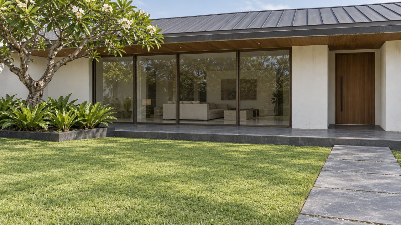 Low-roofed home with bronze-framed glazing, warm wood eaves and a basalt terrace beyond a broad green lawn and sculptural flowering tree.