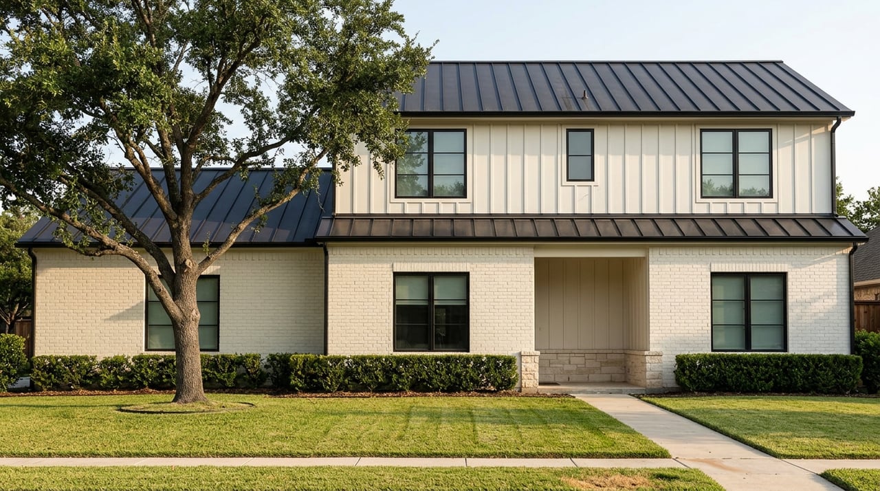 Two-story off-white brick and board-and-batten house with a black metal roof, deep lawn, and mature live oak.