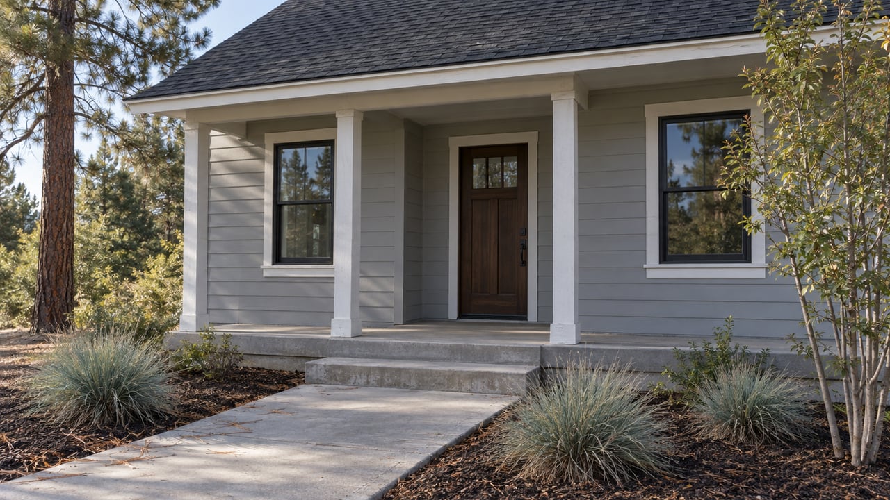 Modest gray-sided house with a recessed wood door, concrete approach, and sparse native plantings.