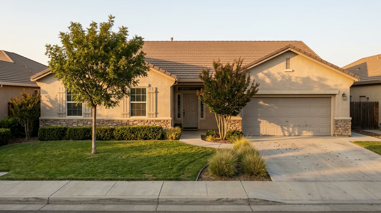 Stucco suburban home with a tile roof, stone wainscoting, two-car garage, and mature shade tree across the lawn.