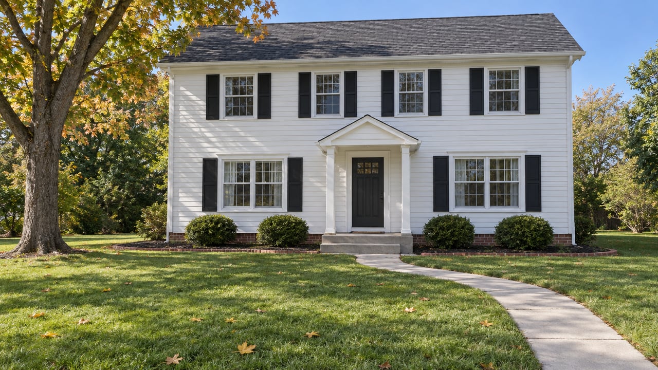 White two-story home with black shutters, a deep green front lawn, and a mature maple turning amber.