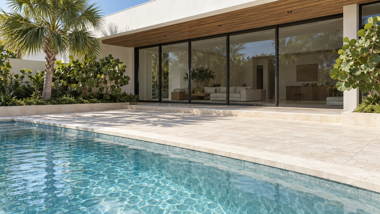 Blue pool beside a limestone terrace and white-stucco house with teak soffit and glass sliding doors.