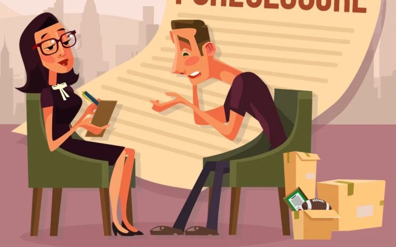 Illustration of a woman advising a worried man beside a foreclosure notice and moving boxes.