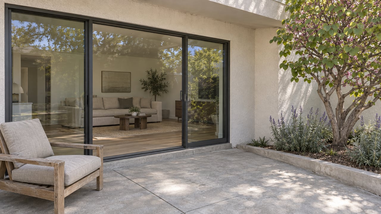 Covered concrete patio beside a stucco home, with closed glass sliders, a weathered teak chair, and a raised bed of western redbud and Cleveland sage.