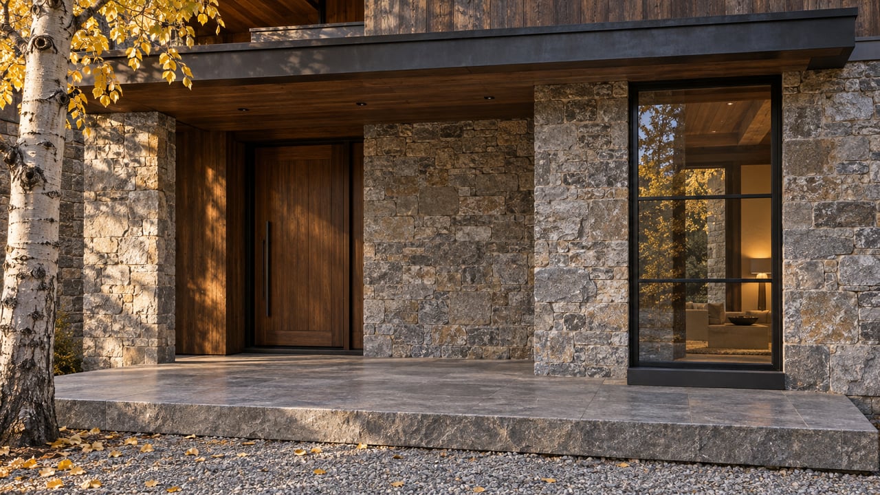 Luxury chalet entry with a stained-oak door, coursed stone facade, and yellow aspen reflected in a tall window.