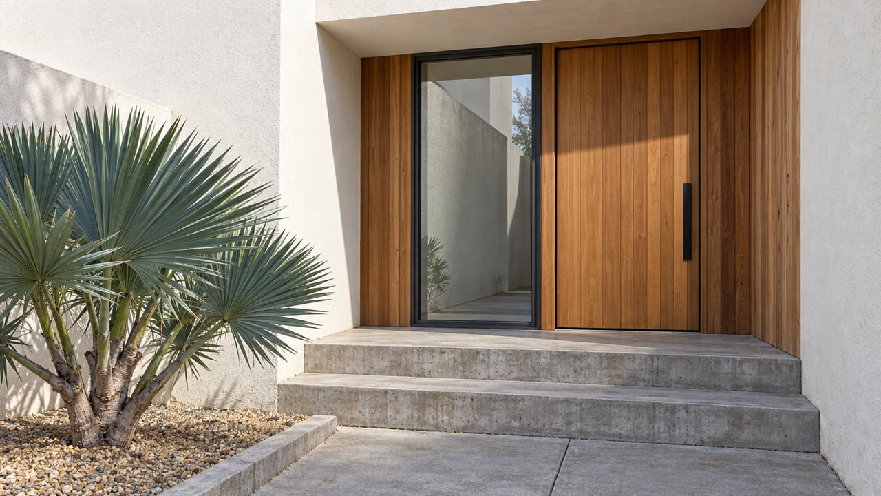 Sunlit white stucco home entry with a cedar door, charcoal-framed glass panel, concrete steps and a sculptural fan aloe.
