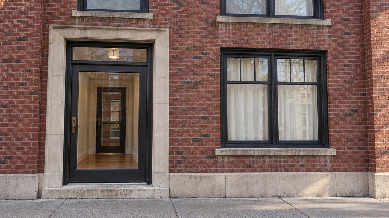 Red-brick condominium entrance with black-framed glass, limestone trim, and a warm enclosed vestibule beside a curtained window.