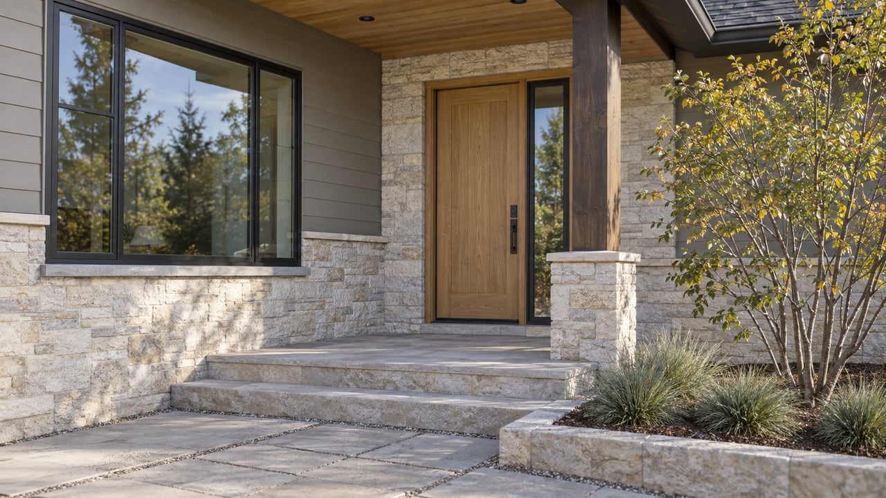 Limestone house entry with an oak door, black-framed window, stone steps, and a small tree in a planted bed.
