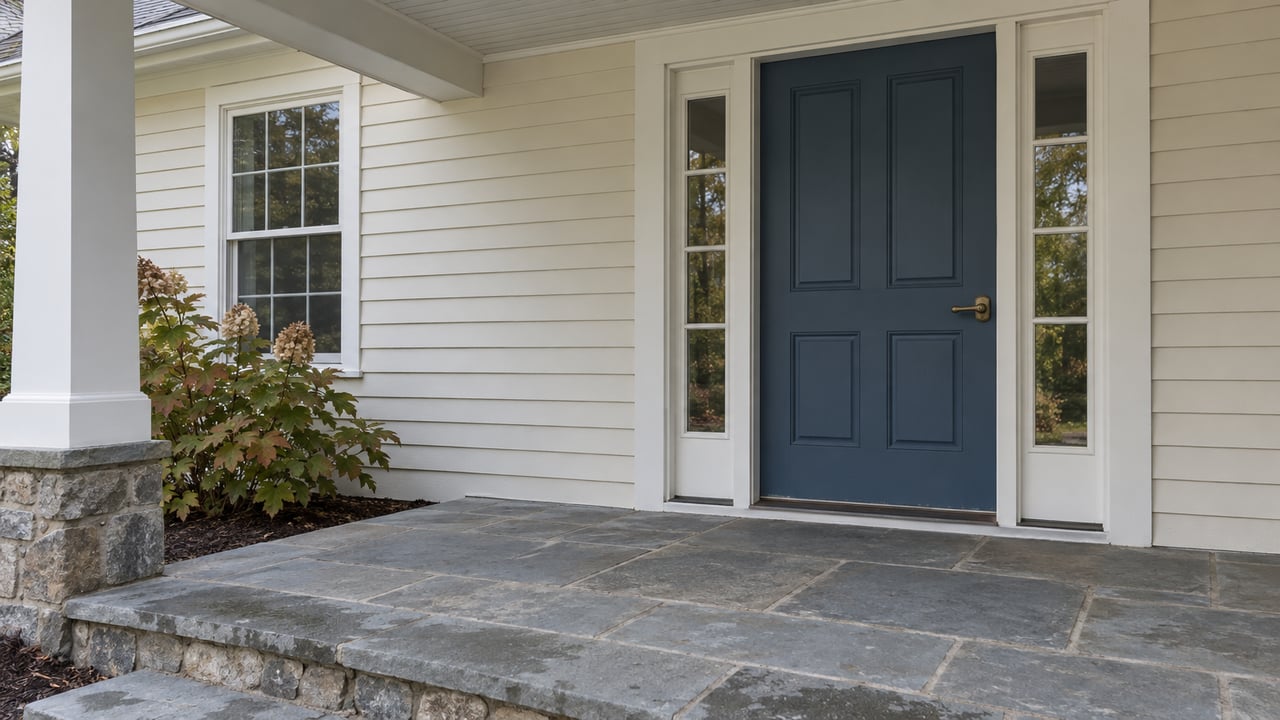 A sheltered clapboard home's blue front door with matching sidelights, a bluestone porch and autumn oakleaf hydrangea.