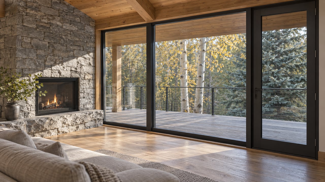 Living room with a stone fireplace, cedar ceiling, and glazed wall overlooking a deck and trees.