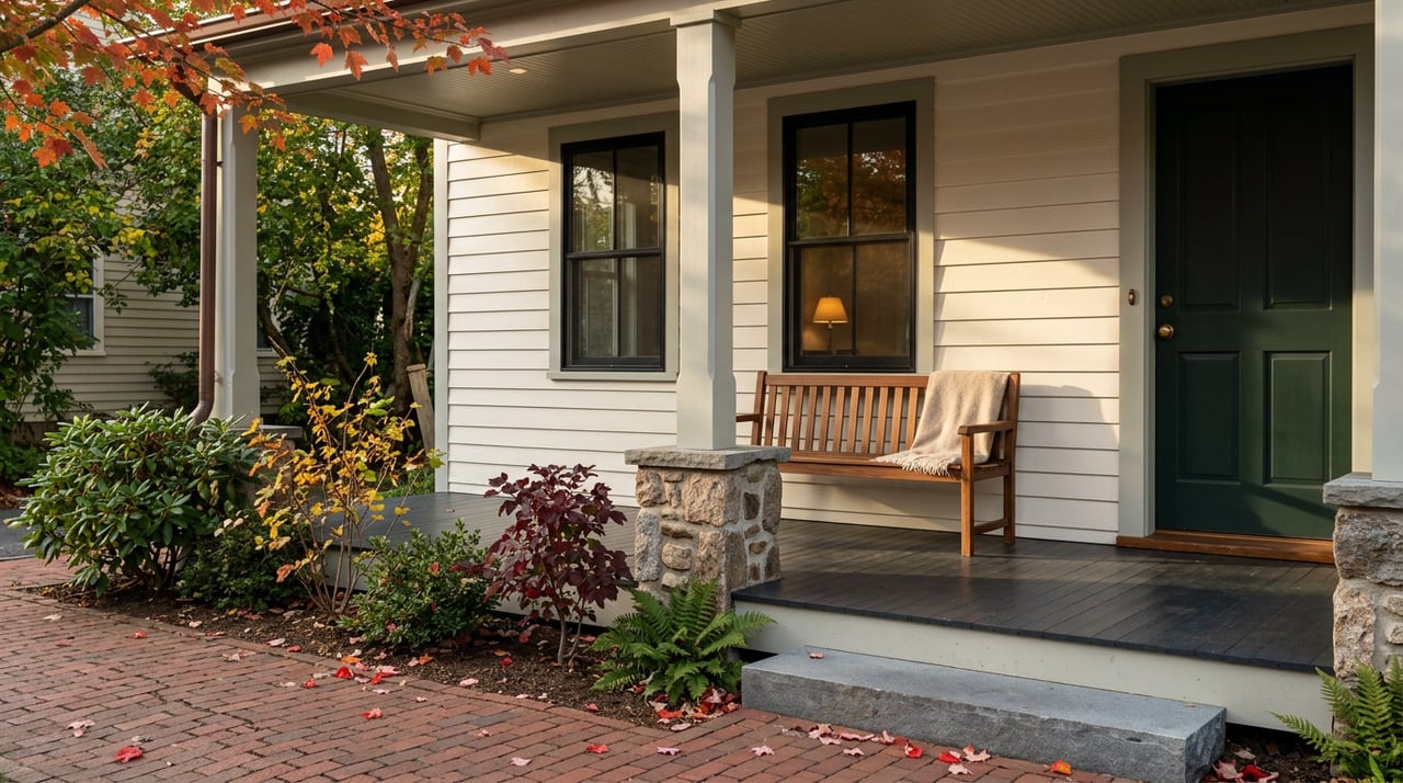Cottage porch with a green door, wood bench, red and gold leaves, and a brick walkway.