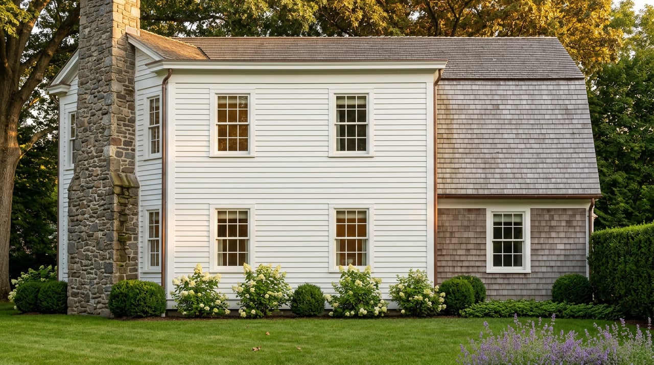 White clapboard gambrel-roofed home with a fieldstone chimney, shingled ell, and cream hydrangeas.