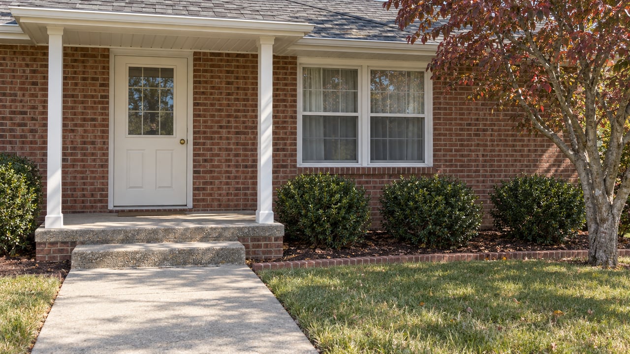 Red-brown brick home's covered entry, paired white-grid windows and concrete approach beside a burgundy-leaved flowering dogwood.