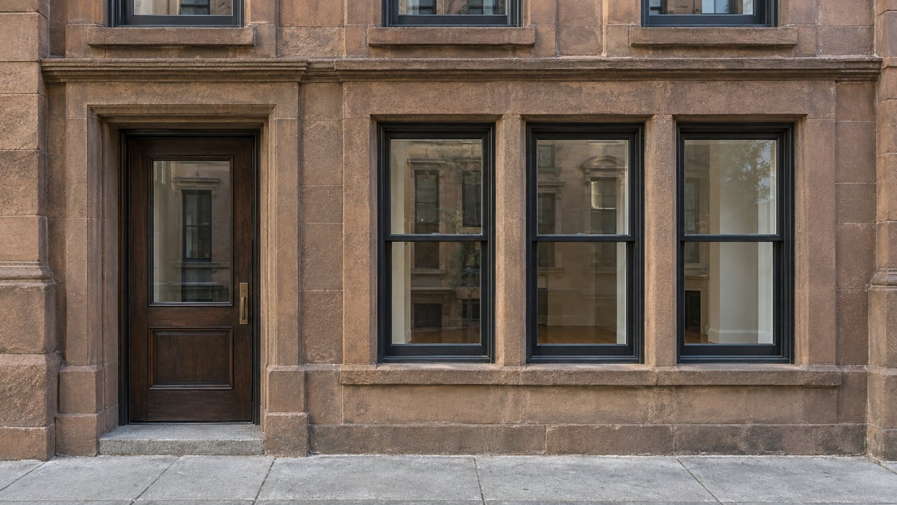 Sunlight on a weathered sandstone residential facade with a recessed oak door, black sash windows and a swept concrete sidewalk.