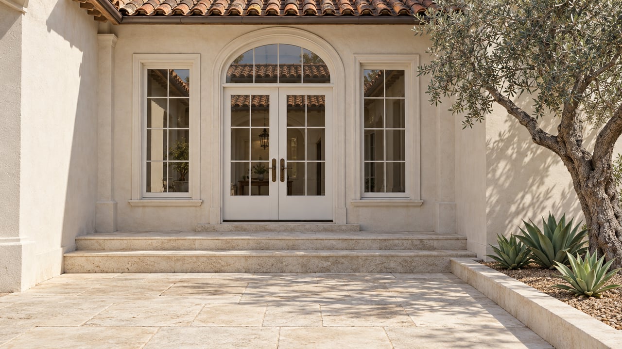 Sunlit ivory stucco home entry with paired glazed doors, an arched transom, limestone steps and a mature olive tree.