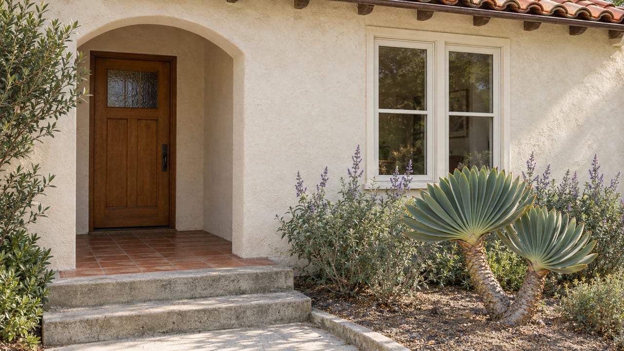 Close view of a warm ivory stucco bungalow entry with a clay-tile roof, wood door, paired window and sculptural fan aloe beside concrete steps.