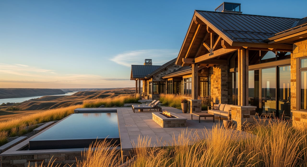 Stone-and-timber lodge with a reflecting pool and patio overlooking grassy hills and water at sunset.