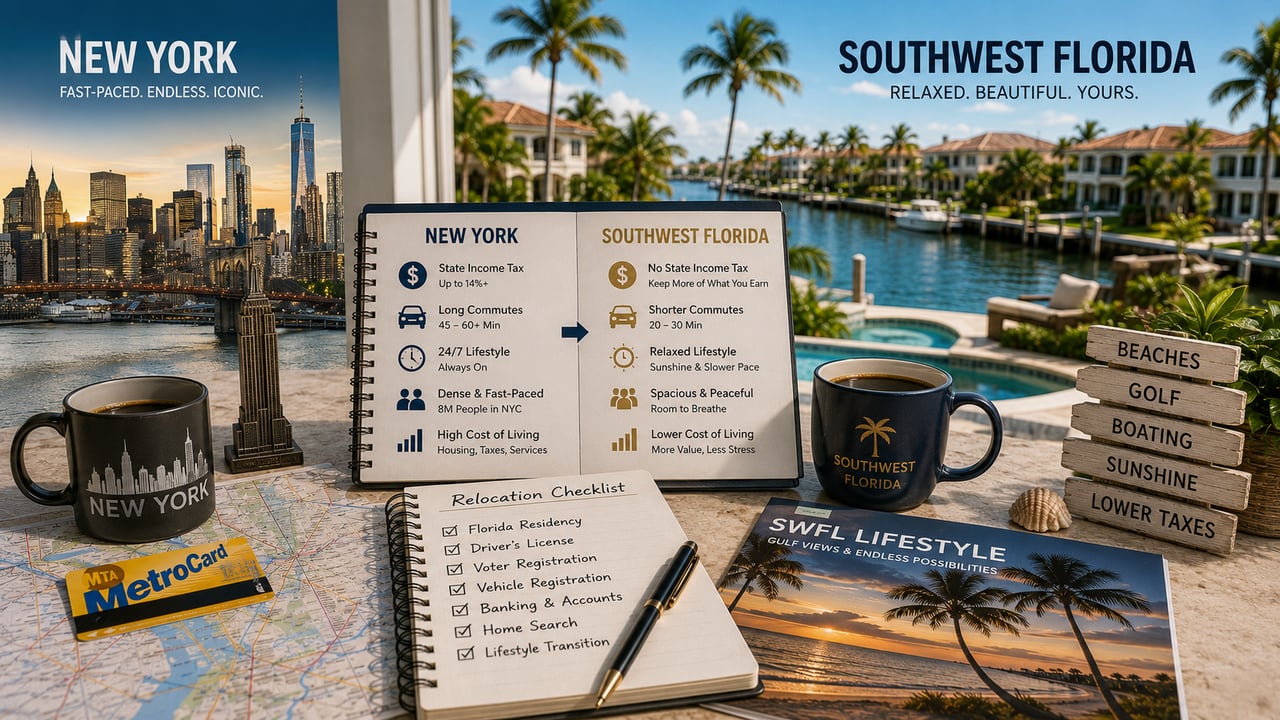 Comparison of New York City and Southwest Florida lifestyles featuring a luxury waterfront home, relocation planning materials, maps, and travel essentials, illustrating the transition from New York to Naples, Fort Myers, Bonita Springs, Estero, and Cape Coral for buyers relocating to Florida.